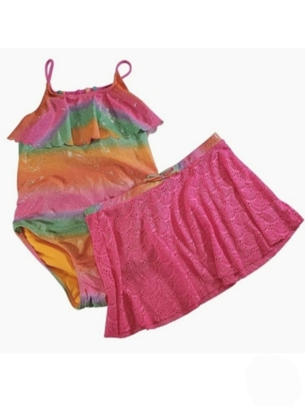 K1352 * Limited Too Girls Rainbow One Piece Swimsuit/Skirt Set Size L (14/16)